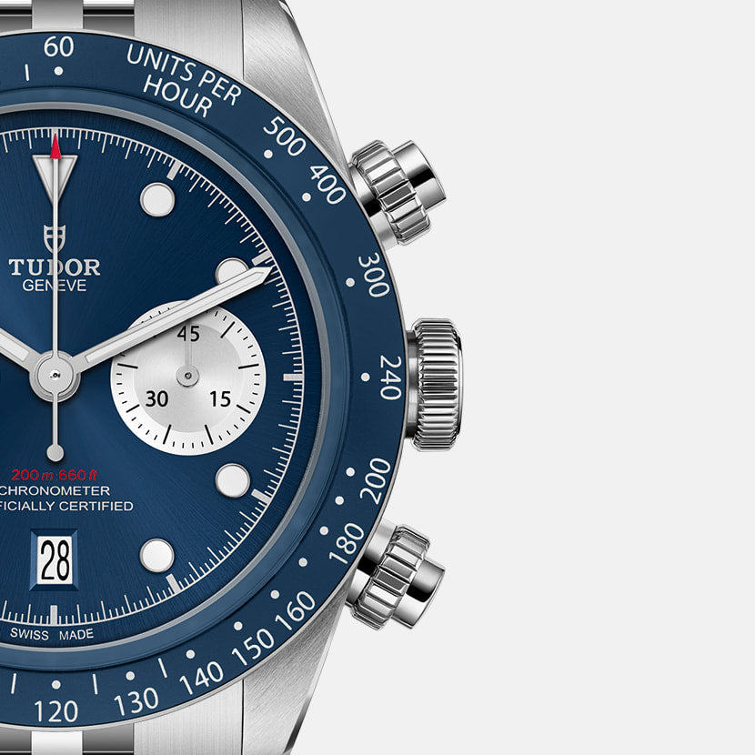 Tudor Black Bay Chrono M79360B-0002 men's chronograph watch, 41mm stainless steel case, blue dial, steel bracelet – dial close-up