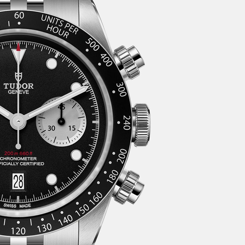 Tudor Black Bay Chrono M79360N-0013 men's chronograph watch, 41mm stainless steel case, black dial, steel bracelet – dial close-up