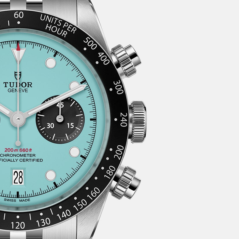 Tudor Black Bay Chrono M79360N-0024 men's chronograph watch, 41mm stainless steel case, Flamingo Blue turquoise dial, steel bracelet – dial close-up
