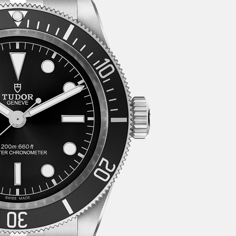 Tudor Black Bay M7941A1A0NU-0003 men's automatic dive watch, 41mm stainless steel case, black dial, steel bracelet – dial close-up