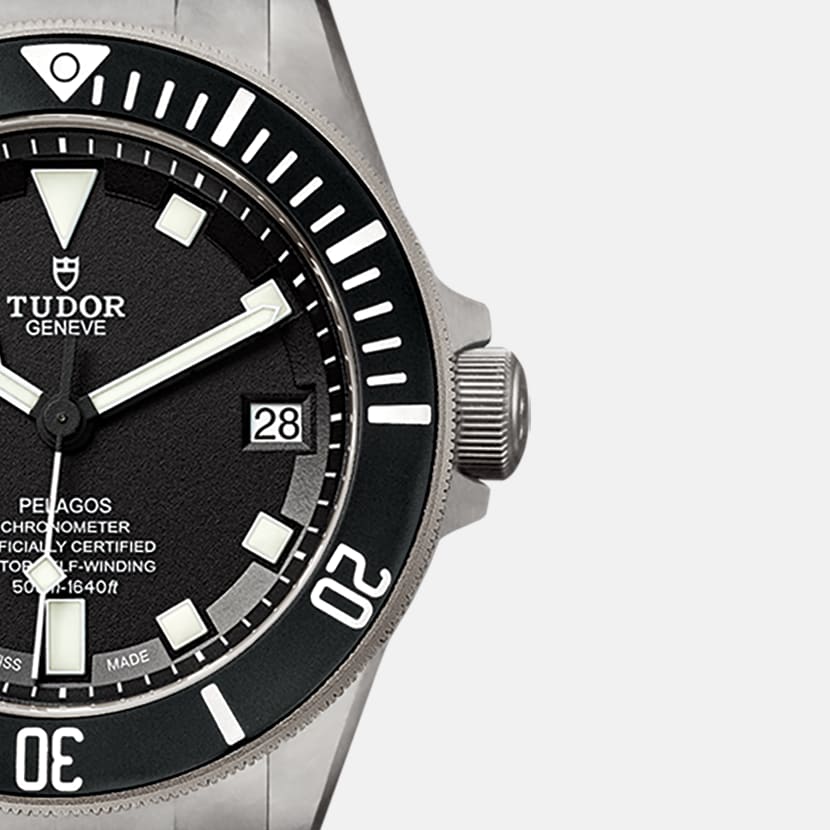 Tudor Pelagos M25600TN-0001 men's automatic dive watch, 42mm titanium case, black dial, titanium bracelet – dial close-up