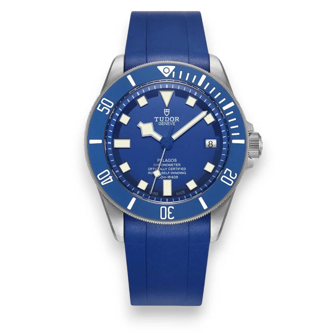 Tudor Pelagos men's automatic dive watch, 42mm titanium case, blue dial, blue ceramic bezel, blue rubber strap – full front view