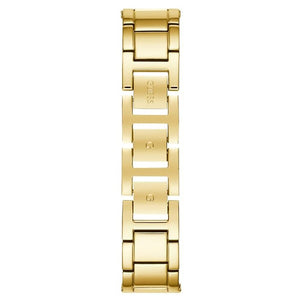 Gold-tone adjustable sliding clasp on Guess U1155L3 women's quartz battery striped mesh bracelet watch