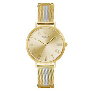 Guess U1155L3 women's quartz battery watch with gold dial, roman numerals, gold case, gold and silver striped stainless steel mesh bracelet main view