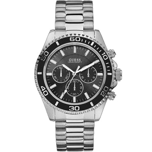 Guess Chaser W0170G1 men's quartz battery watch with black dial, chronograph sub-dials, silver case with black bezel, silver stainless steel bracelet main view