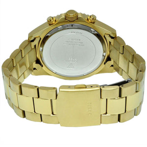 Caseback of Guess Chaser W0170G2 men's quartz battery watch showing technical specs 100m water resistance and stainless steel material