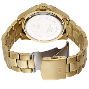 Gold-tone deployment clasp on Guess Chaser W0172G5 men's quartz battery gold stainless steel bracelet watch