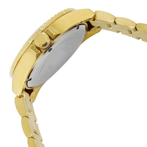 Side profile of Guess Chaser W0172G5 men's quartz battery watch showing 12mm thickness and polished gold finish