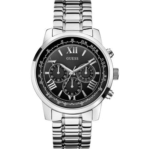 Guess Horizon W0379G1 men's watch with silver stainless steel case, black dial, and bracelet