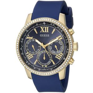 Right angled view of Guess Sunrise W0616L2 women's multi-function watch highlighting polished rose gold finish and cushion case details