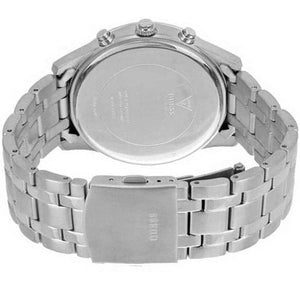 Caseback of Guess Hudson W0875G1 men's quartz battery watch showing technical specs 50m water resistance and stainless steel material