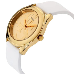 Angled view of the Guess W0911L7 highlighting the polished gold case and white silicone strap