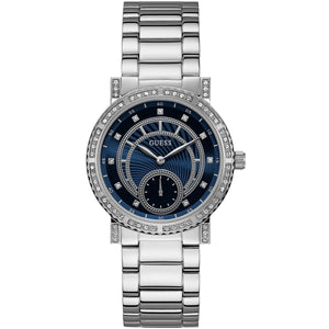 Guess Constellation W1006L1 women's quartz battery watch with blue textured dial, crystal hour markers, silver case with crystal bezel, silver stainless steel bracelet main view