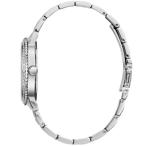Side profile of Guess Constellation W1006L1 women's quartz battery watch showing 10mm thickness and polished silver finish