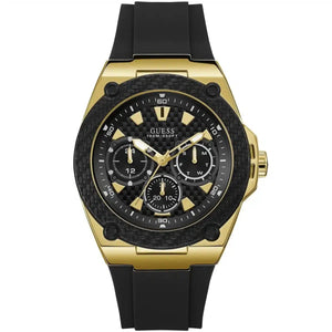 Guess Legacy W1049G5 men's quartz battery watch with black carbon fiber dial, multi-function sub-dials, gold and black case, black rubber strap main view
