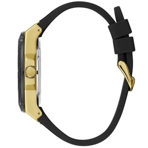 Side profile of Guess Legacy W1049G5 men's quartz battery watch showing 11mm thickness and gold finish