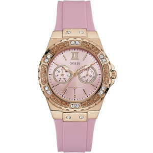 Guess Limelight W1053L3 women's watch featuring a rose gold-tone case with crystal bezel, pink multi-function dial, and pink rubber strap