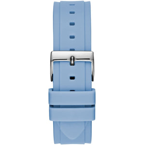 Light blue watch strap with silver buckle on a white background