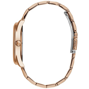 Detailed side view of the rose gold crown on the Guess W1082L3