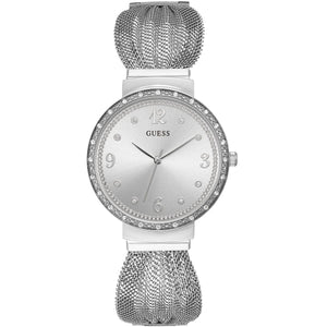 Guess Chiffon W1083L1 ladies watch with silver tone case, crystal bezel, and mesh bracelet
