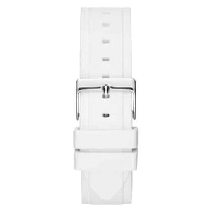 Silver-tone buckle clasp on Guess Zena W1094L1 women's quartz battery white rubber strap watch