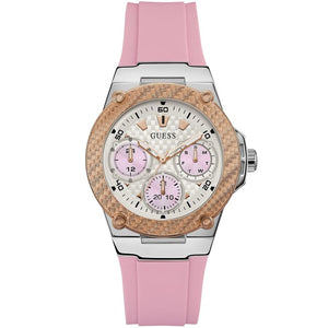 Guess Zena W1094L4 women's quartz battery watch with white carbon fiber dial, pink multi-function sub-dials, silver and rose gold case, pink rubber strap main view