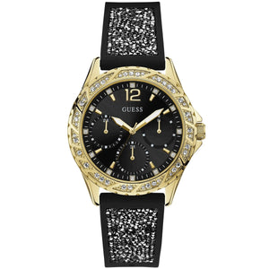 Guess Swirl W1096L3 women's quartz battery watch with black dial, multi-function sub-dials, gold case with crystal bezel, black rubber strap with crystal embellishments main view