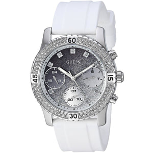 Left angled view of Guess Confetti W1098L1 women's multi-function watch showing integrated pure white silicone rubber strap structure