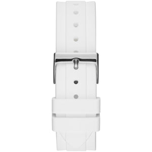 Detailed close-up view of the polished silver-tone deployment clasp on the stainless steel link bracelet for the Guess Confetti W1098L1 women's watch