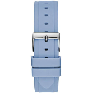 Detailed close-up view of the polished silver-tone deployment clasp on the stainless steel link bracelet for the Guess Confetti W1098L3 women's watch
