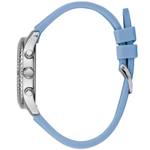 Side profile of Guess Confetti W1098L3 women's multi-function watch showing 11mm thickness and polished silver-tone finish