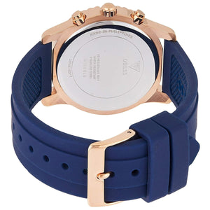 Caseback of Guess Confetti W1098L6 women's multi-function watch showing technical specs 50m water resistance and stainless steel material