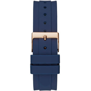 Detailed close-up view of the polished gold-tone deployment clasp on the stainless steel link bracelet for the Guess Confetti W1098L6 women's watch