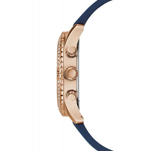 Side profile of Guess Confetti W1098L6 women's multi-function watch showing 11mm thickness and polished gold-tone finish
