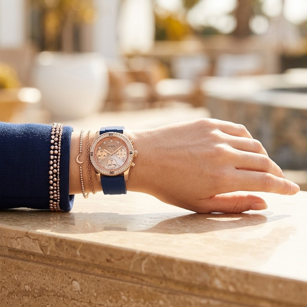 Close up of Guess Confetti W1098L6 women's multi-function watch (Gold Cushion Case and Navy Blue Rubber Strap variant) on wrist showing deep blue dial with multi-function display and luminous indices