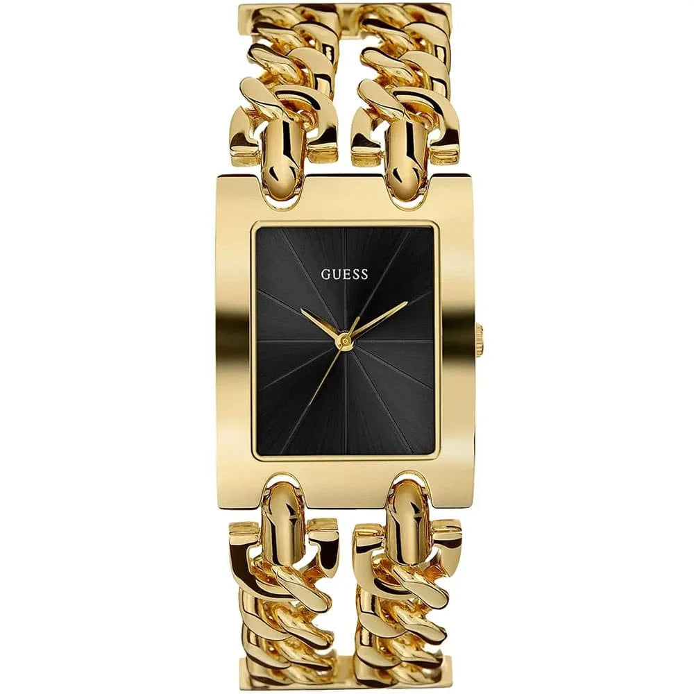 A gold-tone rectangular Guess watch with a black dial and a thick curb-link chain strap, shown on a plain white background.
