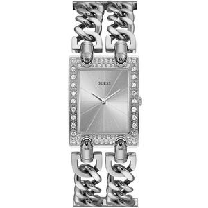 Guess Mod Heavy Metal W1121L1 ladies watch with silver rectangular case, crystal bezel, and chain bracelet