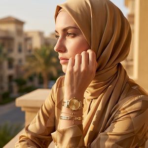 Elegant woman wearing Guess W1145L3 women's quartz battery watch with gold case and luxury bangle bracelet