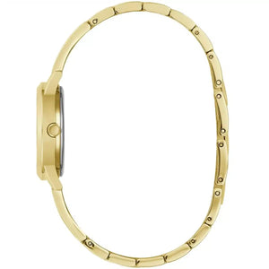 Side profile of Guess W1145L3 women's quartz battery watch showing 8mm thickness and polished gold finish