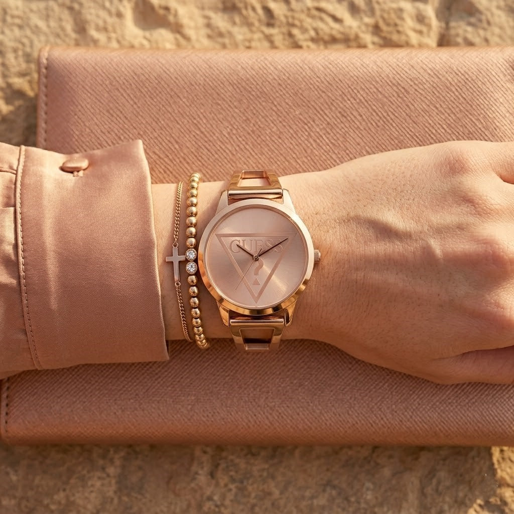 Close up of Guess W1145L4 women's quartz battery watch on wrist showing iconic triangle question mark logo dial