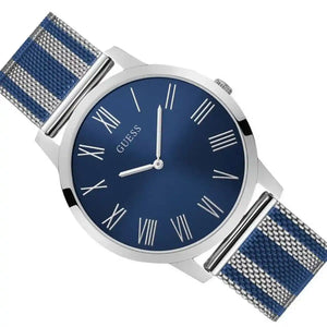 Right angled view of Guess W1179G1 men's quartz battery watch highlighting polished silver finish and classic details