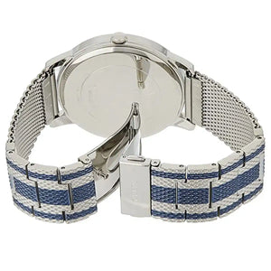 Silver-tone adjustable sliding clasp on Guess W1179G1 men's quartz battery striped mesh bracelet watch