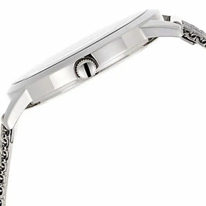 Side profile of Guess W1179G1 men's quartz battery watch showing 10mm thickness and polished silver finish