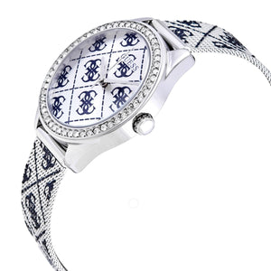 Right angled view of Guess Claudia W1279L1 women's quartz battery watch highlighting silver finish and crystal bezel details