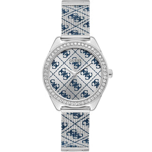 Guess Claudia W1279L1 women's quartz battery watch with silver 4G logo dial, silver case with crystal bezel, printed silver stainless steel mesh bracelet main view