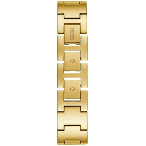 Gold-tone adjustable sliding clasp on Guess Claudia W1279L2 women's quartz battery gold mesh bracelet watch