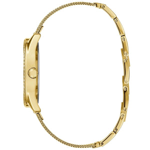 Side profile of Guess Claudia W1279L2 women's quartz battery watch showing 9mm thickness and polished gold finish