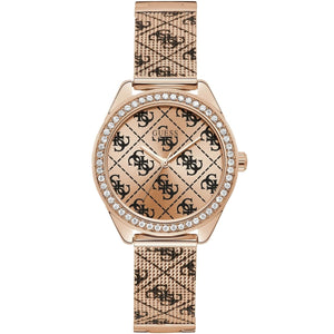 Guess Claudia W1279L3 women's quartz battery watch with rose gold 4G logo dial, rose gold case with crystal bezel, printed rose gold stainless steel mesh bracelet main view