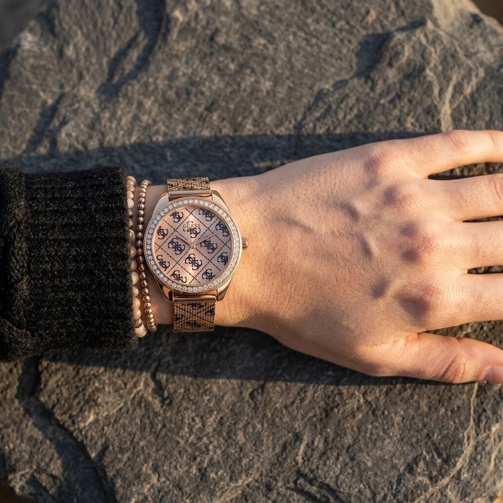 Close up of Guess Claudia W1279L3 women's quartz battery watch on wrist showing black 4G logo pattern dial and luxury crystal bezel