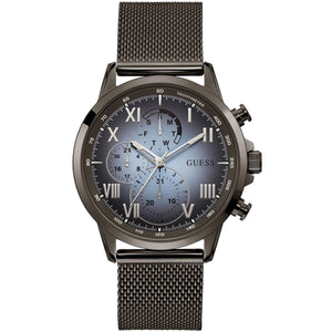 Front view of Guess Porter W1310G3 watch with blue dial and black metal mesh strap